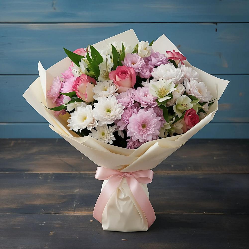 Букет цветов из: Хризантемы, Альстромерии и Розы в Боре